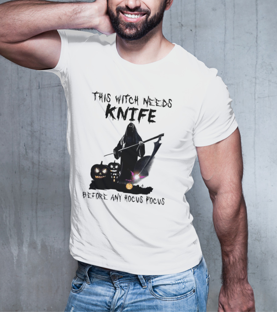 This Witch Needs Knife Before Any Hocus Pocus Halloween Pumpkins Dark Scene T-Shirt