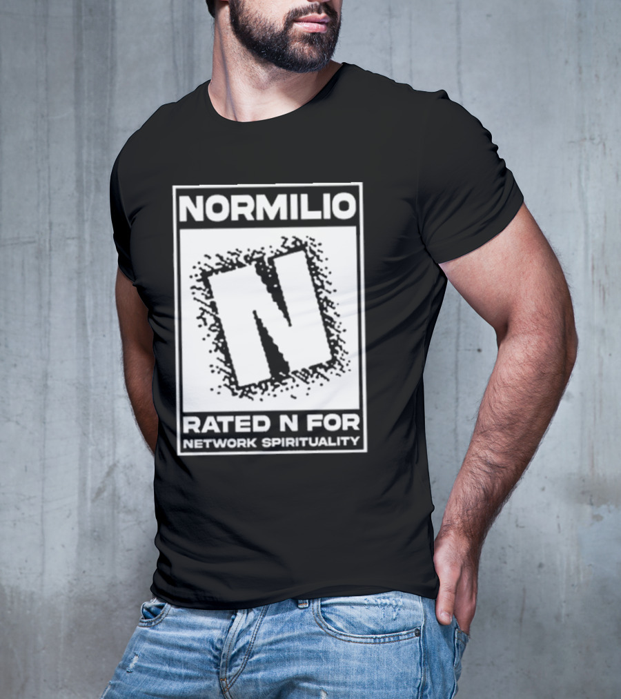 Normilio Rated N For Network Spirituality Bold Text Box With Speckled Explosion Background T-Shirt