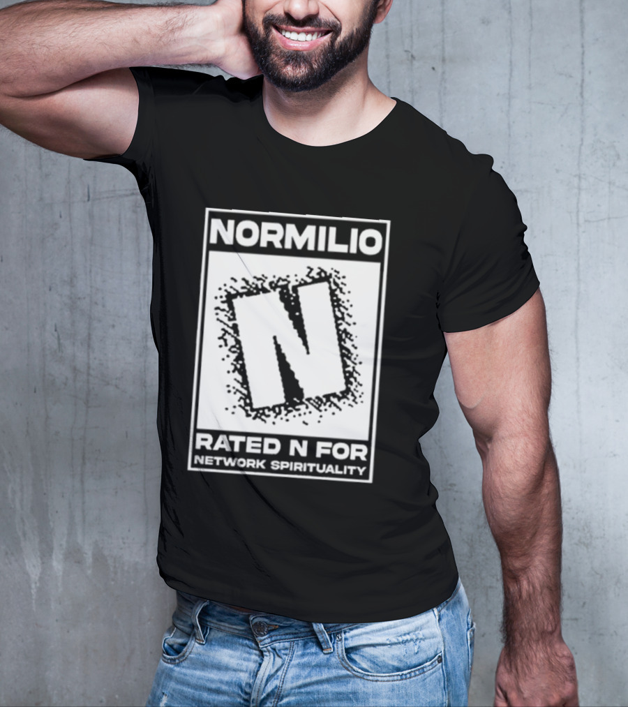 Normilio Rated N For Network Spirituality Bold Text Box With Speckled Explosion Background T-Shirt