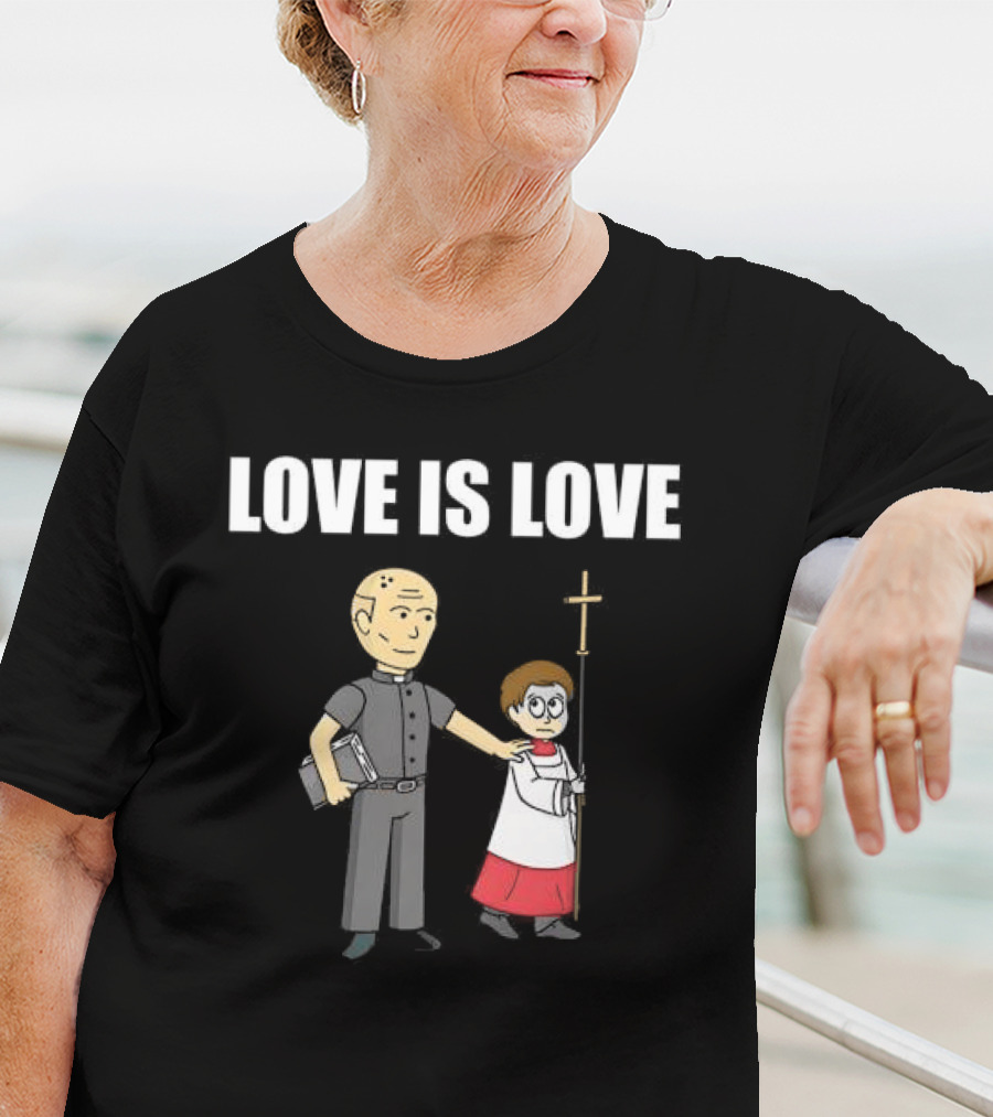 Love Is Love Priest With Cartoon Clergyman And Child Holding Cross T-Shirt