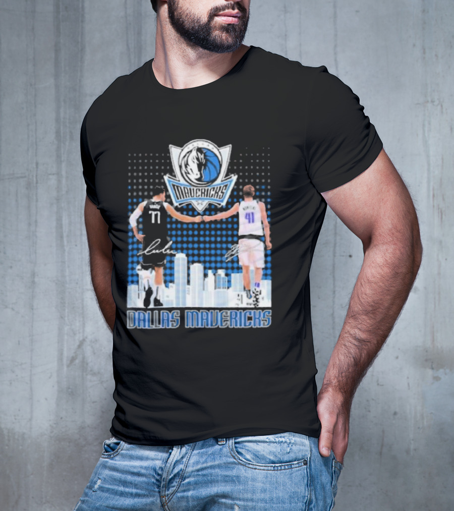 Dallas Mavericks Luka Doncic Dirk Nowitzki Handshake Signatures Skyline T-Shirt