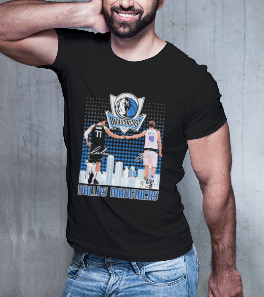Dallas Mavericks Luka Doncic Dirk Nowitzki Handshake Signatures Skyline T-Shirt