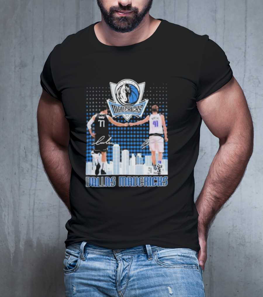 Dallas Mavericks Luka Doncic Dirk Nowitzki Handshake Signatures Skyline T-Shirt