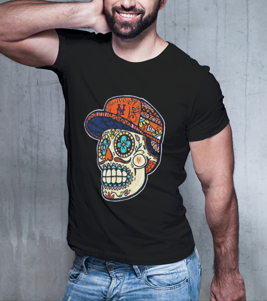 New York Mets New Era Black Sugar Skull Cap T-Shirt