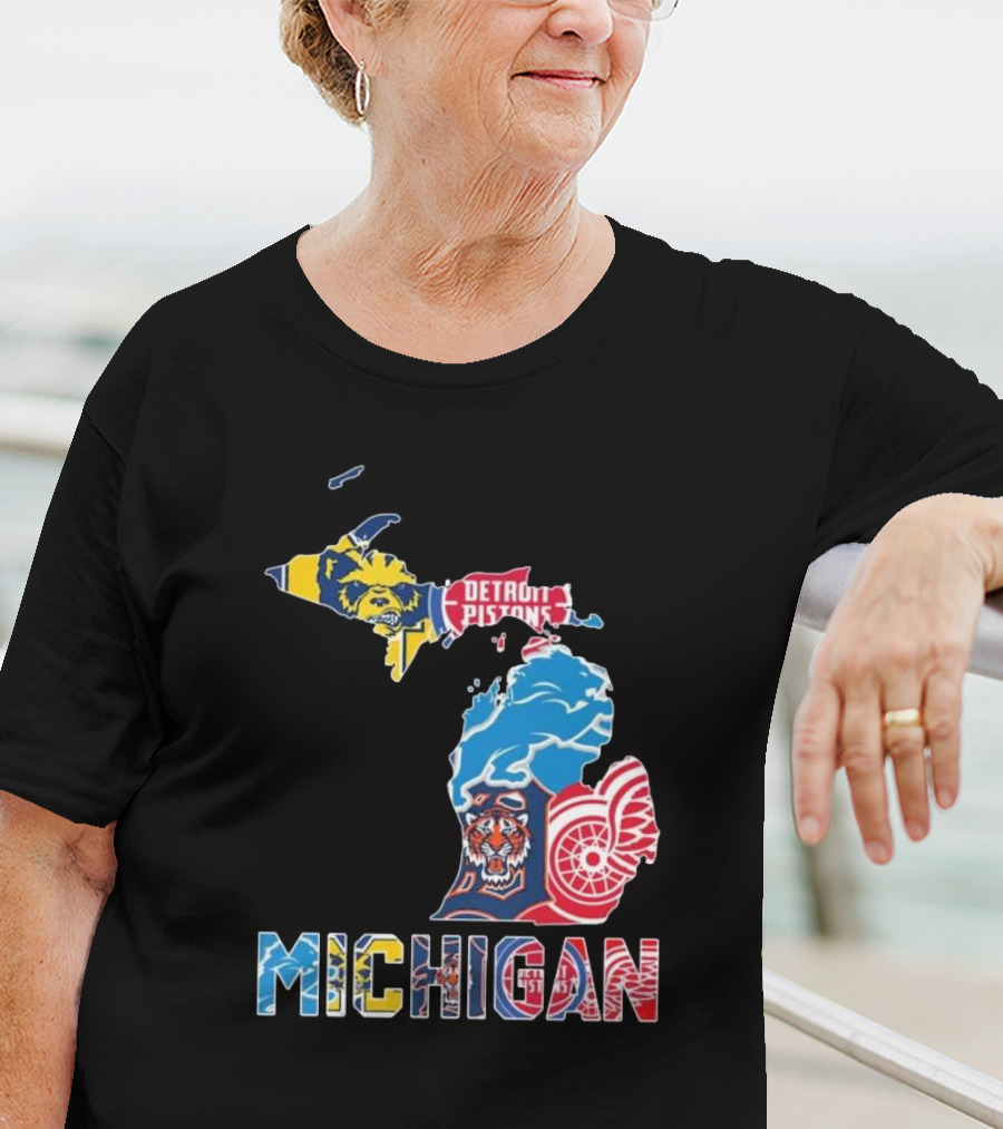 Michigan Lions Wolverines Tigers Pistons Red Wings Map T-Shirt