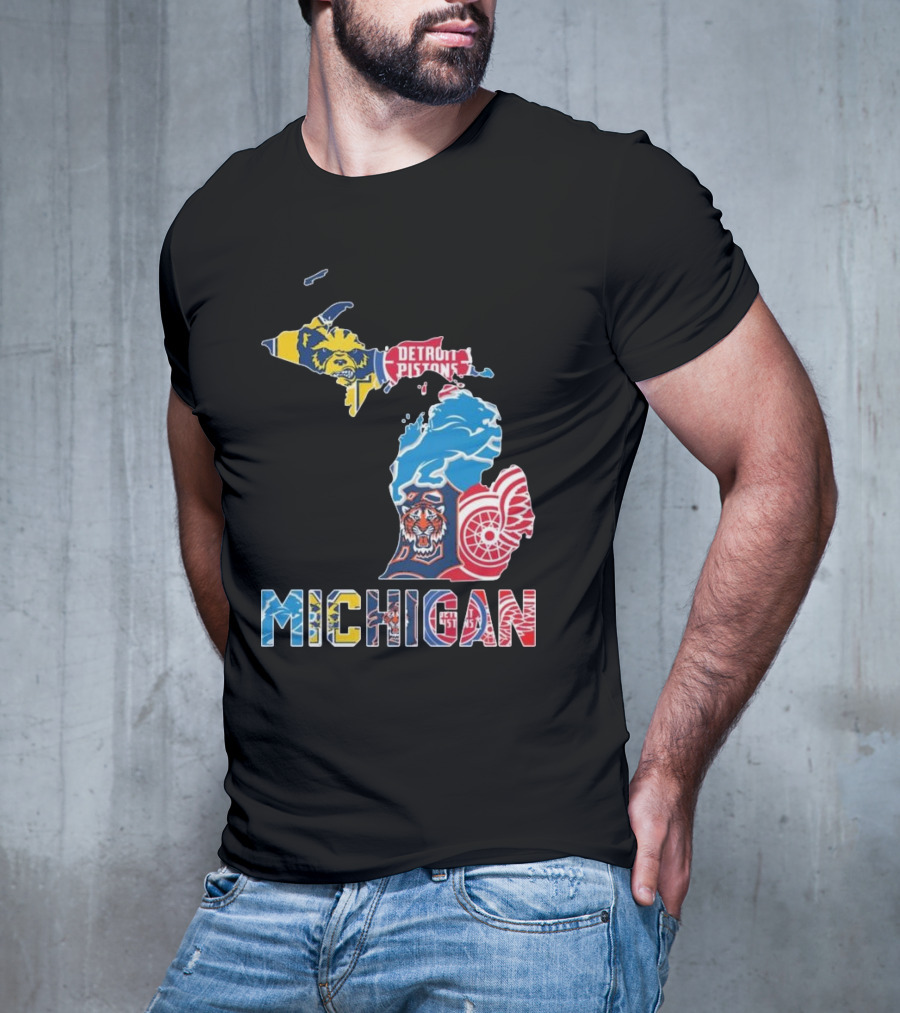 Michigan Lions Wolverines Tigers Pistons Red Wings Map T-Shirt