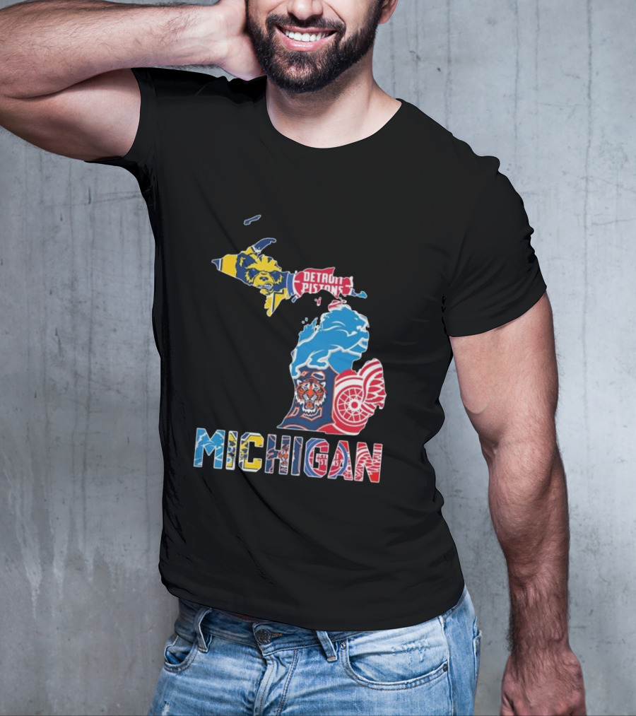 Michigan Lions Wolverines Tigers Pistons Red Wings Map T-Shirt