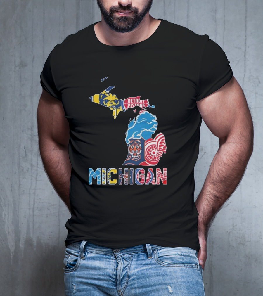 Michigan Lions Wolverines Tigers Pistons Red Wings Map T-Shirt