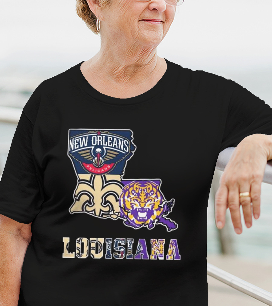 New Orleans Pelicans Tigers Saints Louisiana Map T-Shirt