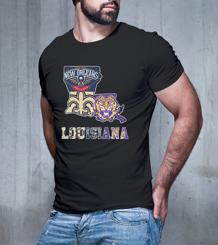 New Orleans Pelicans Tigers Saints Louisiana Map T-Shirt