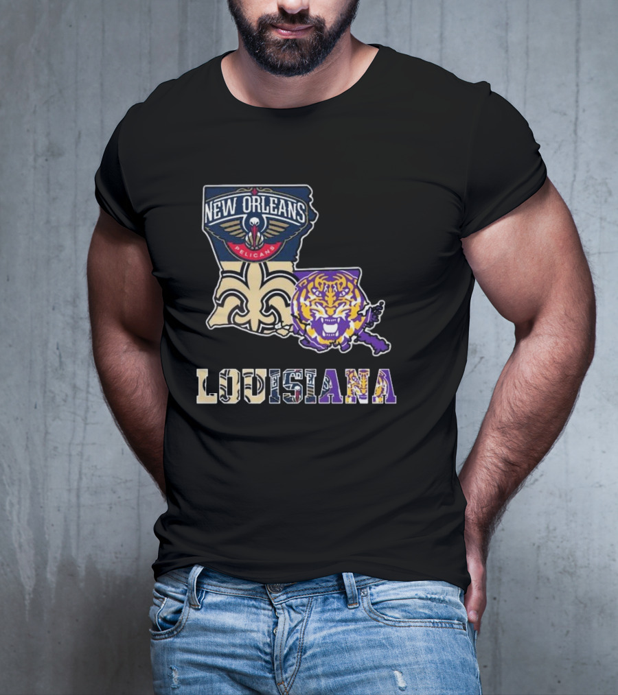 New Orleans Pelicans Tigers Saints Louisiana Map T-Shirt