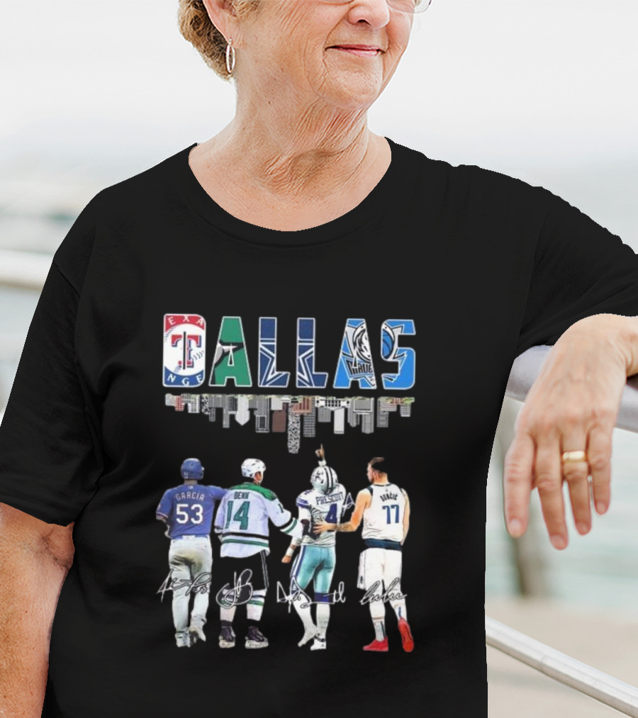 Texas Rangers Garcia Dallas Stars Benn Dallas Cowboys Prescott Dallas Mavericks Doncic Signatures Skyline T-Shirt