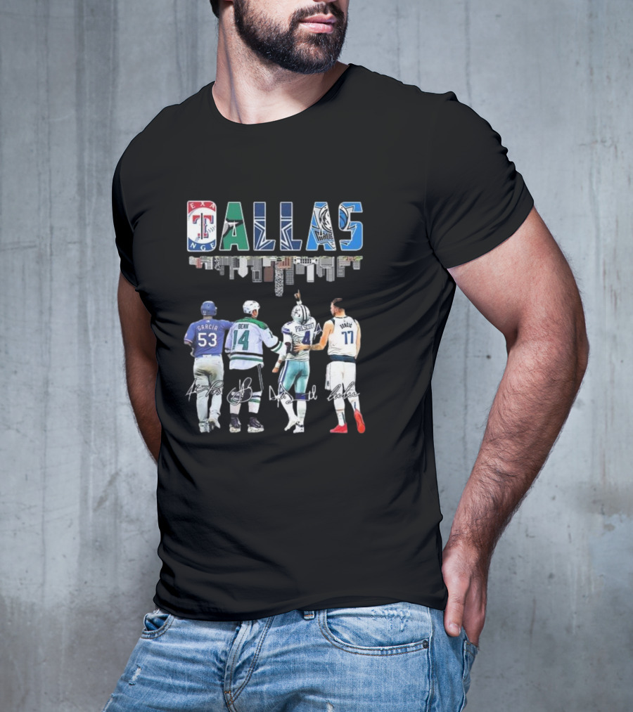 Texas Rangers Garcia Dallas Stars Benn Dallas Cowboys Prescott Dallas Mavericks Doncic Signatures Skyline T-Shirt