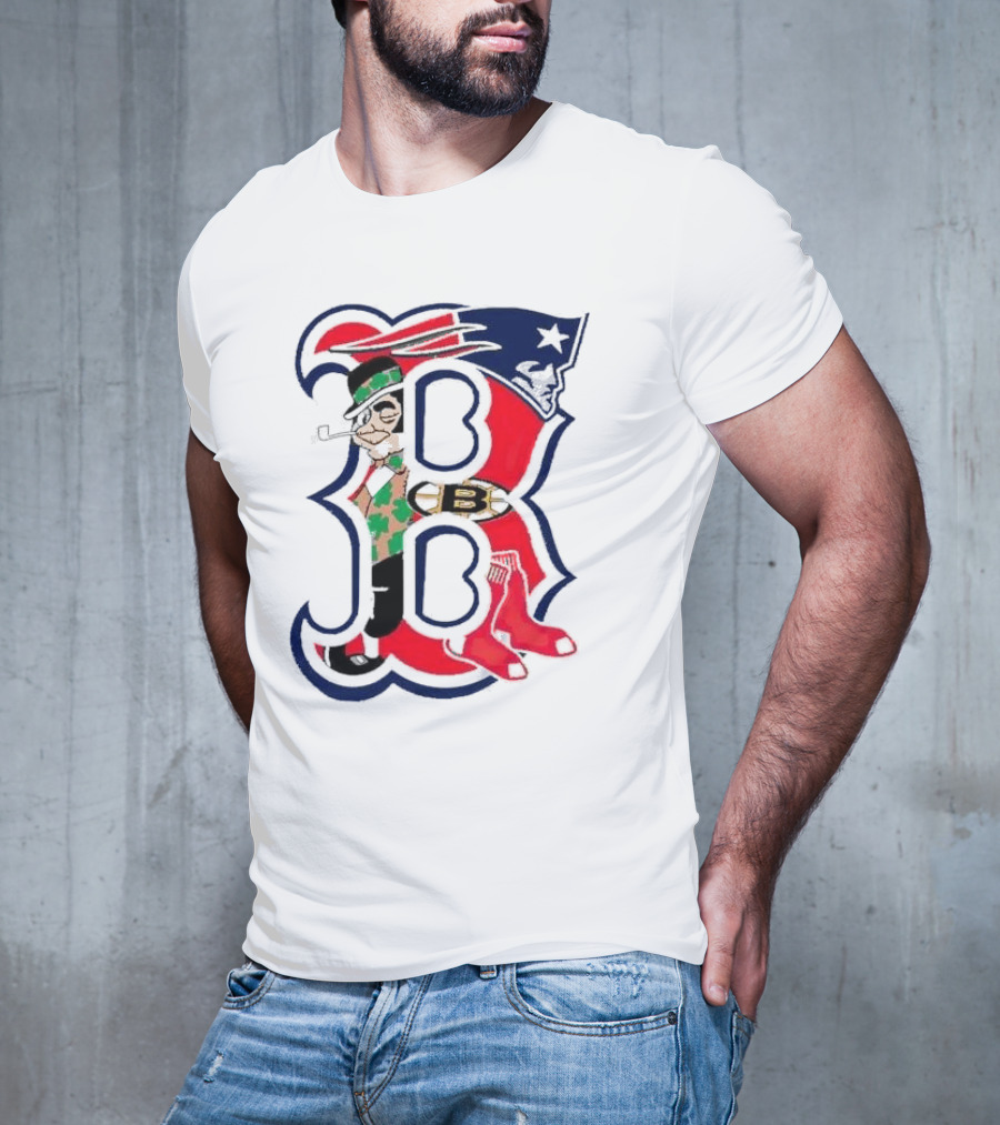 Boston Red Sox B Mashup With Patriots Bruins Celtics Symbols T-Shirt