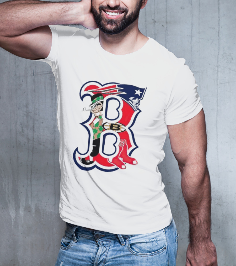 Boston Red Sox B Mashup With Patriots Bruins Celtics Symbols T-Shirt