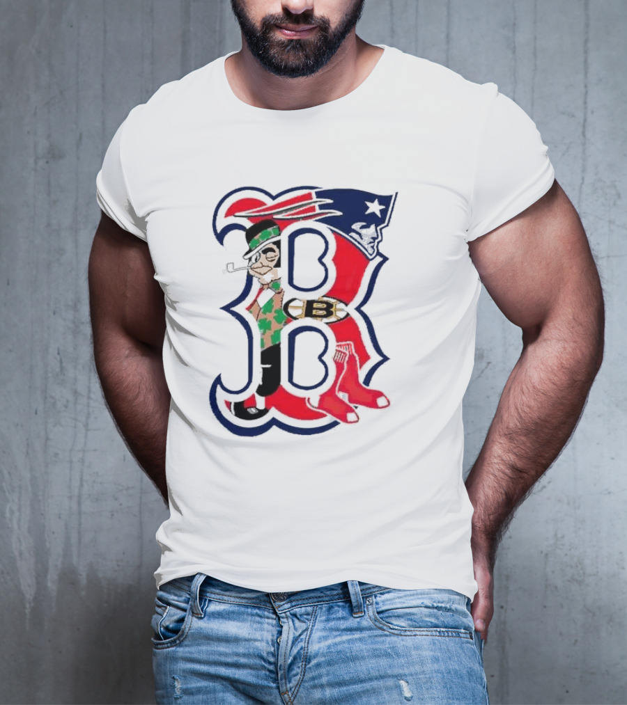 Boston Red Sox B Mashup With Patriots Bruins Celtics Symbols T-Shirt