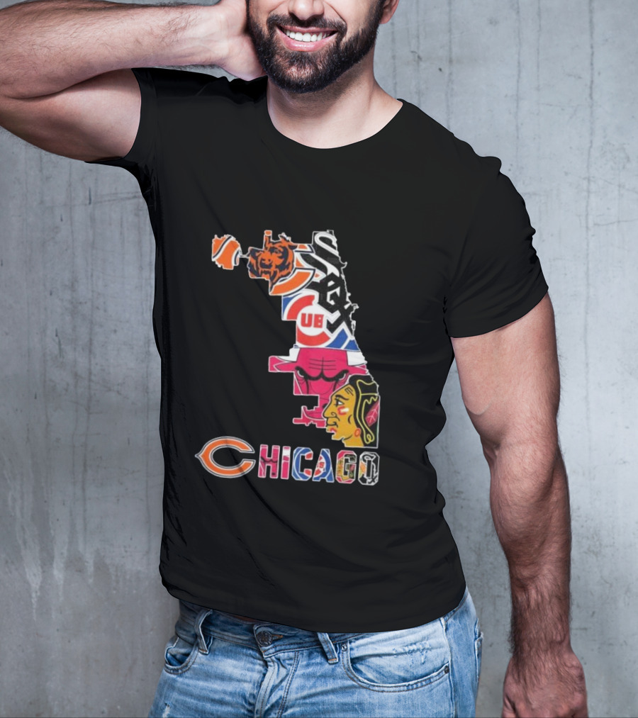 Chicago Cubs White Sox Bulls Bears Blackhawks Maps T-Shirt