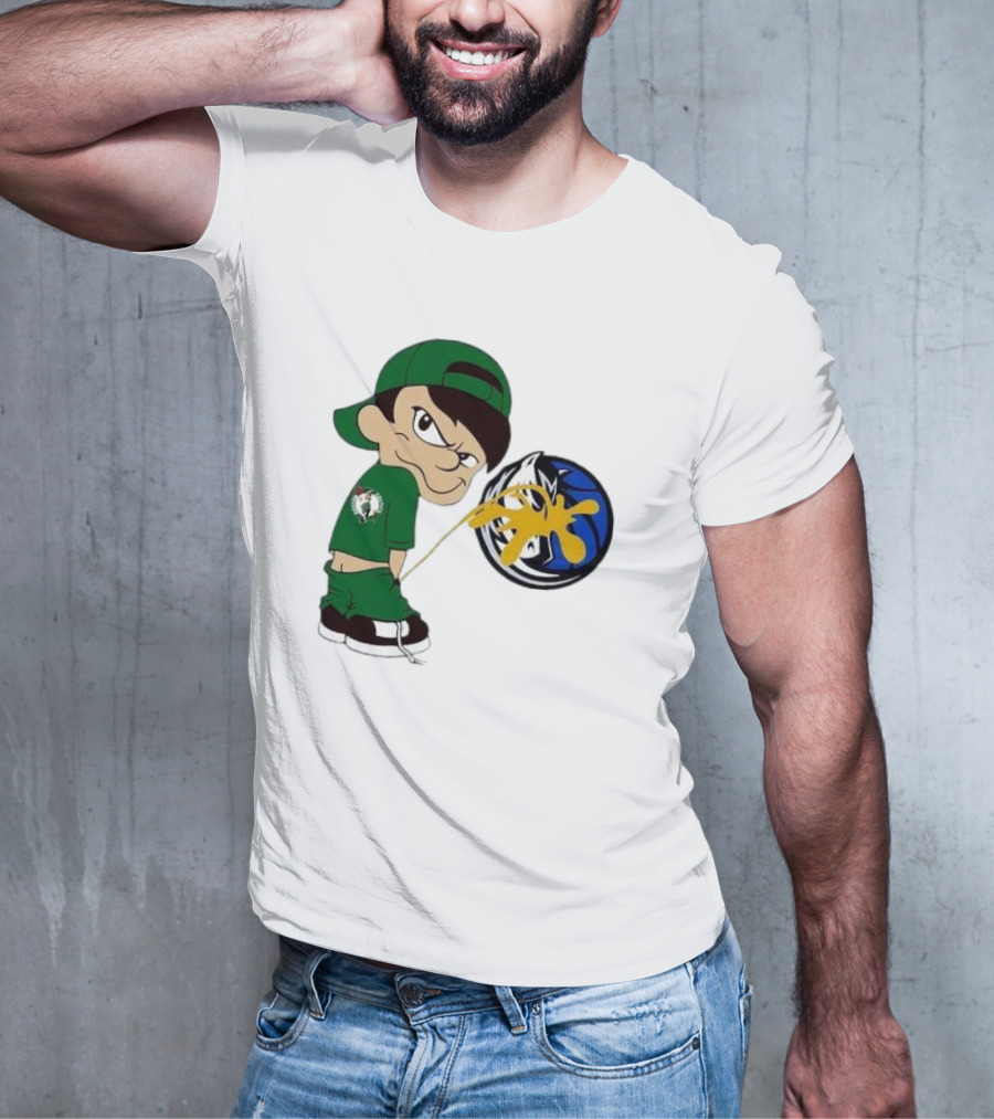 Little Boy Boston Celtics Piss On Dallas Mavericks Logo T-Shirt