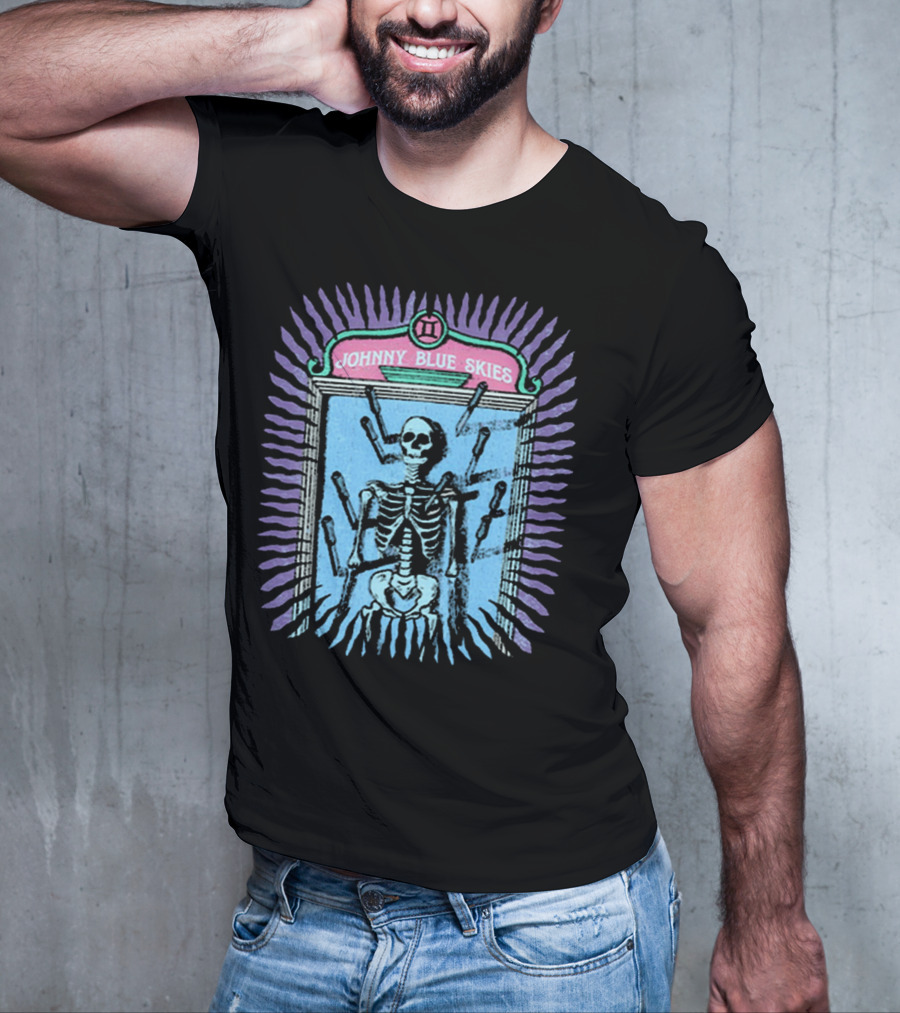 Johnny Blue Skies Skeleton Framed With Knives And Purple Aura T-Shirt