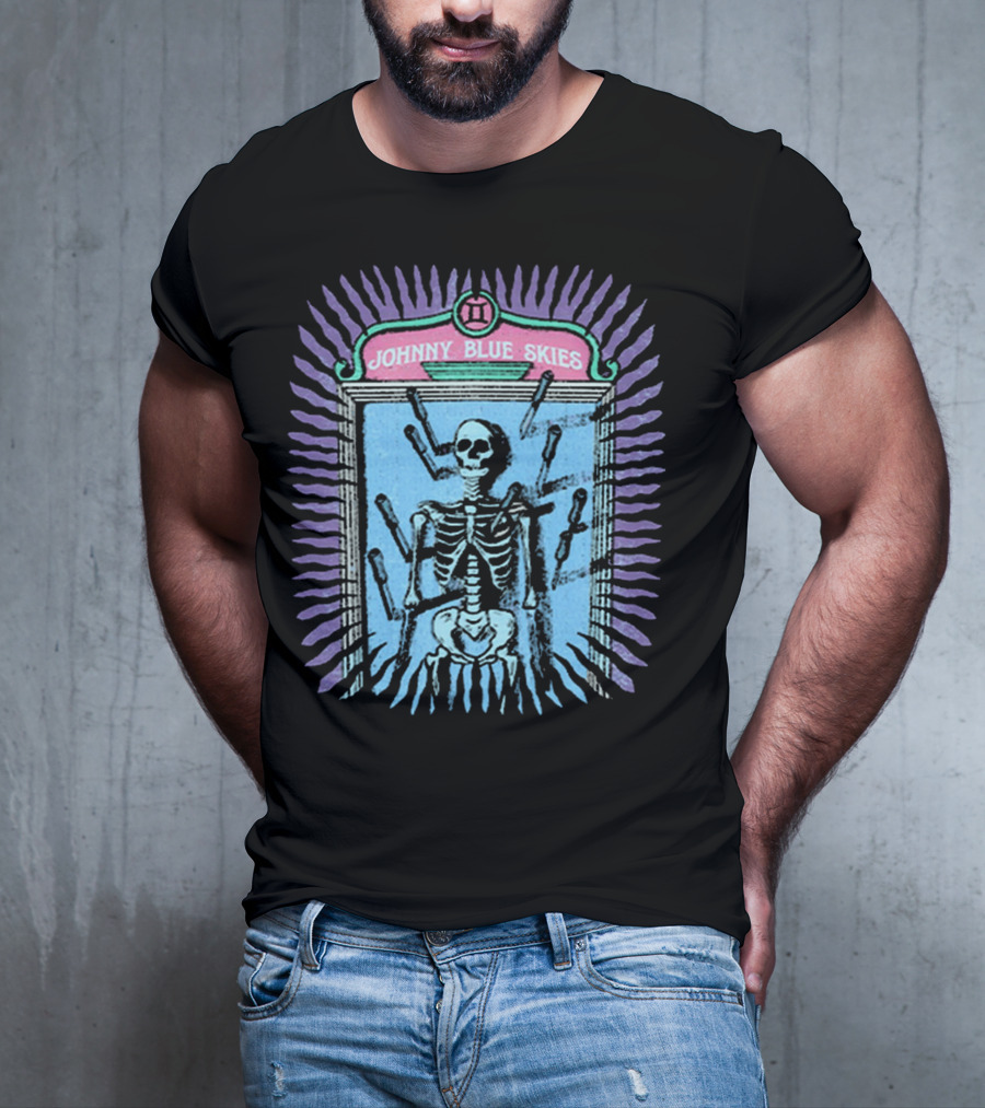 Johnny Blue Skies Skeleton Framed With Knives And Purple Aura T-Shirt