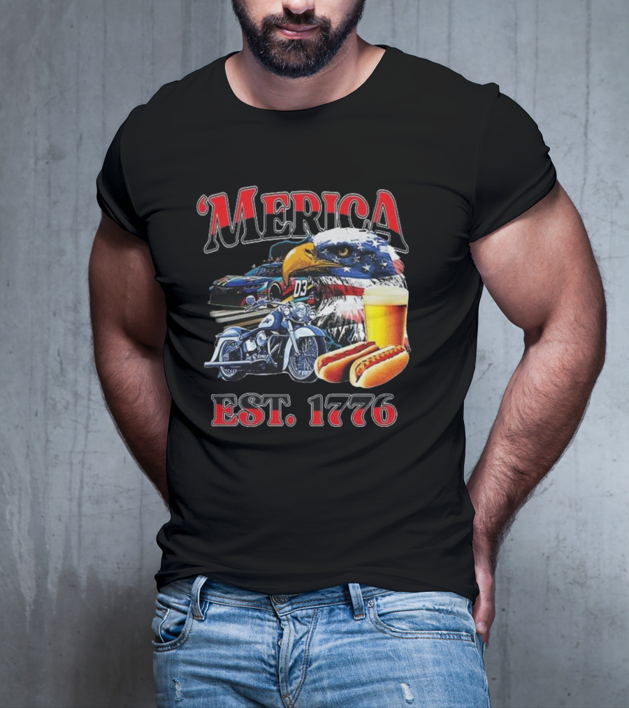 'Merica Bald Eagle Motorbike Beer Hotdogs Cars Est. 1776 T-Shirt