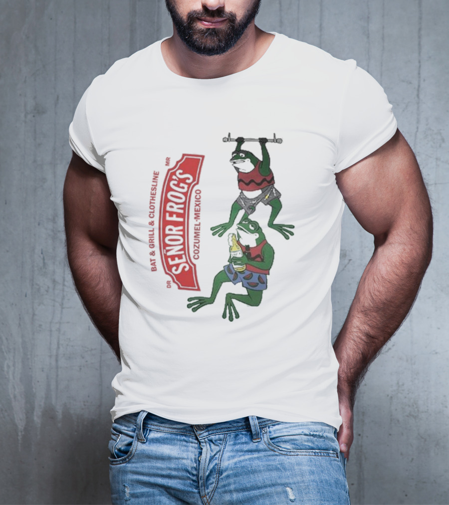 Senor Frog's Cozumel Mexico Bar And Grill Clothesline With Frogs In Striped Shirts And Shorts With Beer And Weights T-Shirt