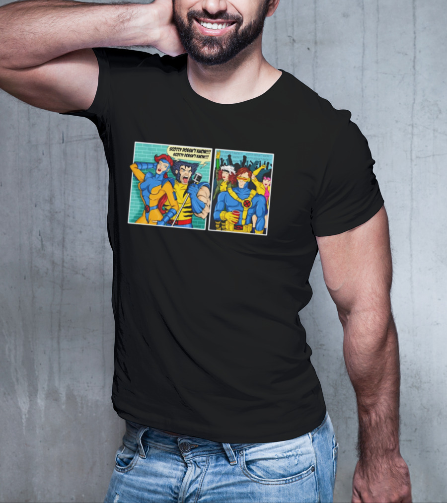 Jean Grey And Wolverine Comic Scotty Doesn’t Know Retro Cyclops Party Scene T-Shirt