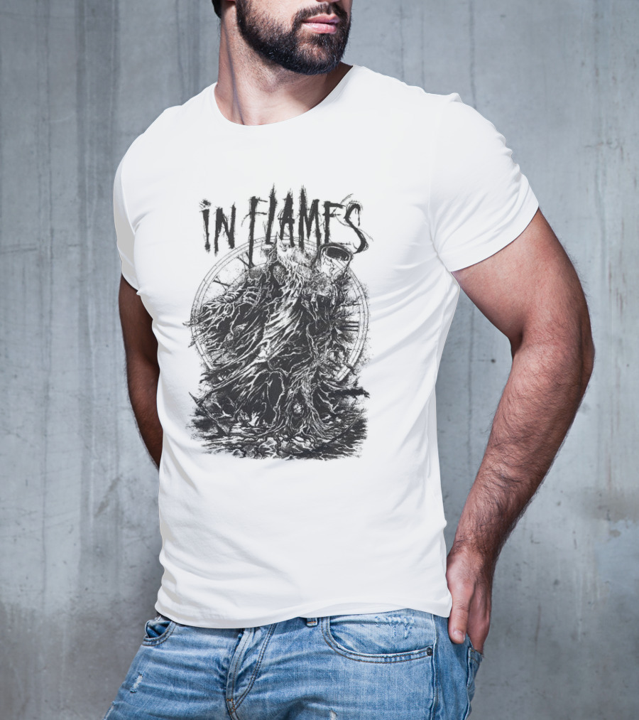 In Flames Cloaked Ghoul Dark Shrouded Figure With Clock Background T-Shirt