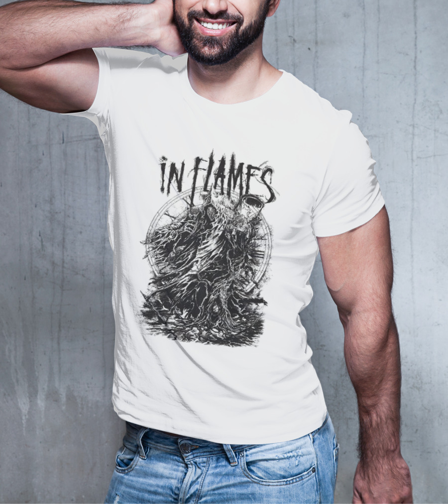 In Flames Cloaked Ghoul Dark Shrouded Figure With Clock Background T-Shirt