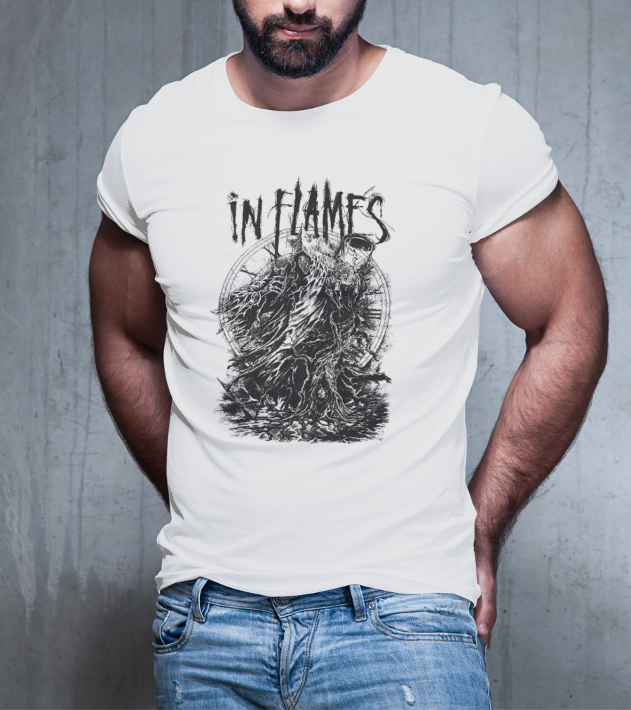 In Flames Cloaked Ghoul Dark Shrouded Figure With Clock Background T-Shirt