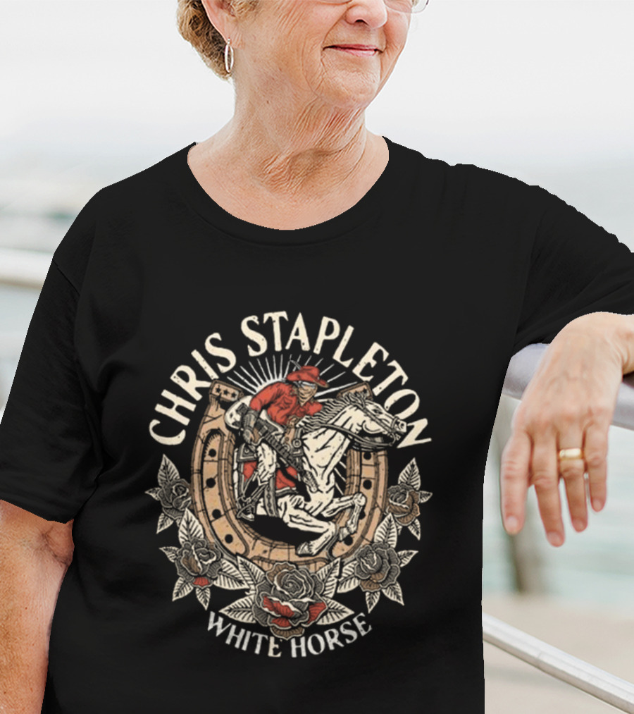 Chris Stapleton White Horse Cowboy Riding With Roses T-Shirt