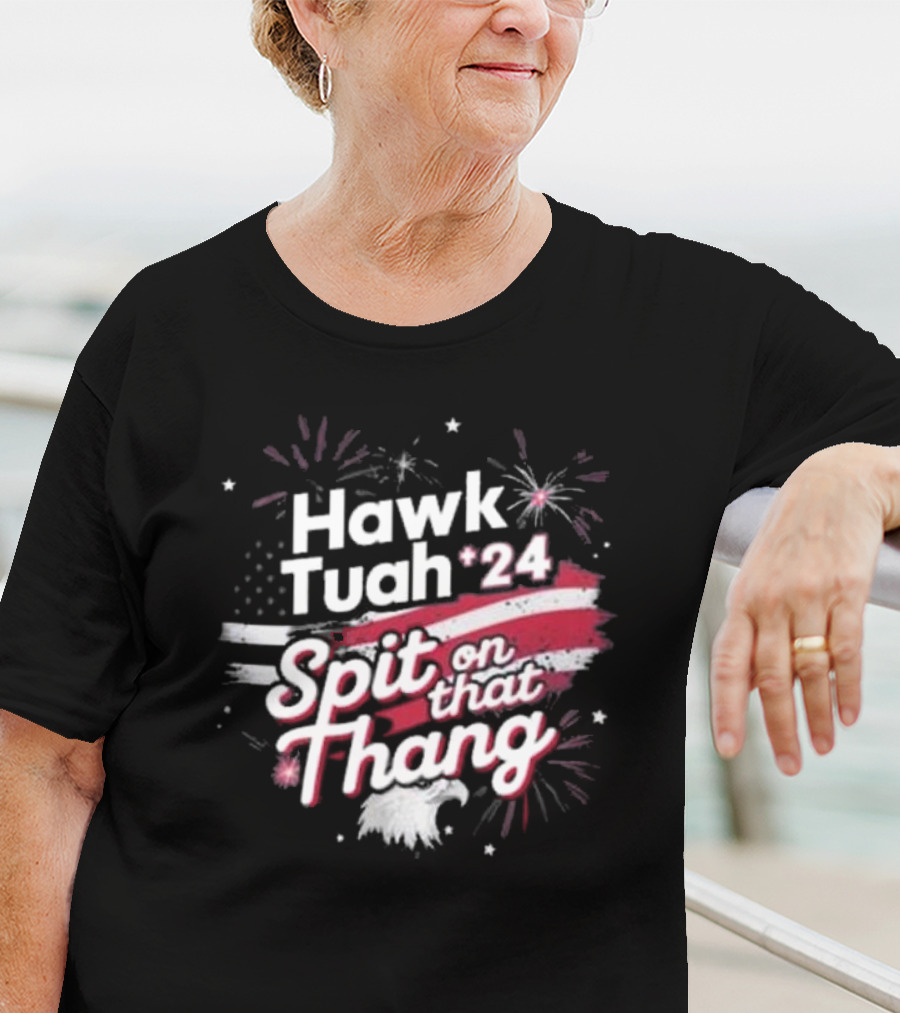 Hawk Tuah 24 Spit On That Thang American Flag Fireworks Eagle T-Shirt