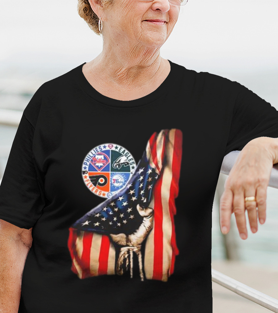 Philadelphia Phillies Eagles Flyers 76ers Hand Pulling American Flag T-Shirt