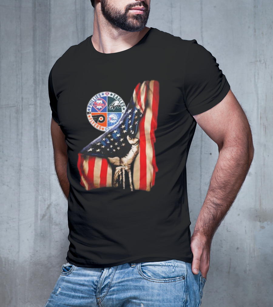 Philadelphia Phillies Eagles Flyers 76ers Hand Pulling American Flag T-Shirt