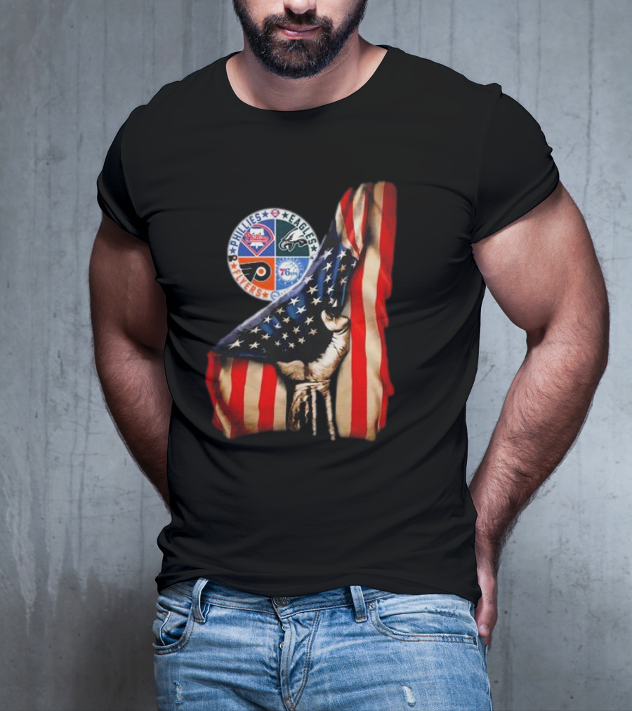 Philadelphia Phillies Eagles Flyers 76ers Hand Pulling American Flag T-Shirt