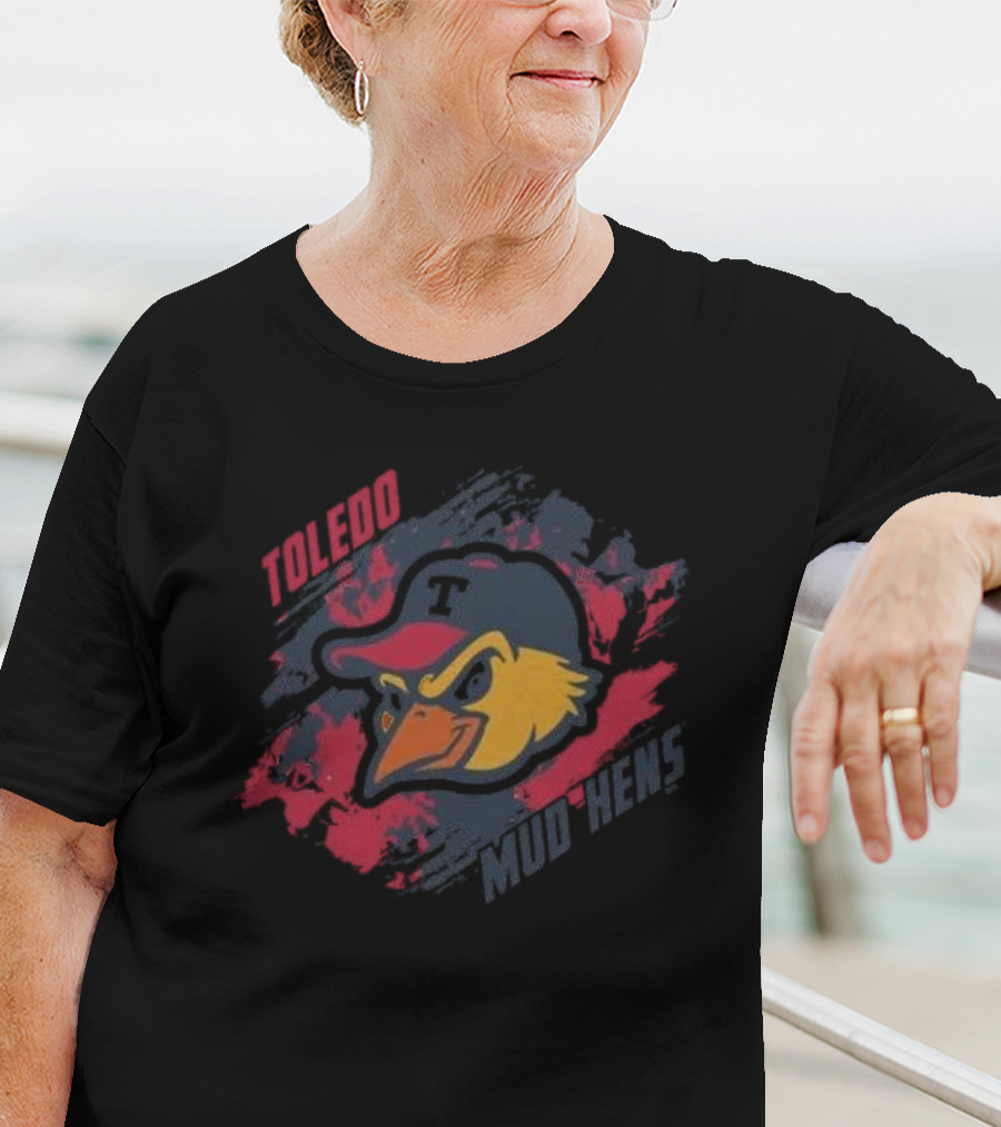 Toledo Mud Hens Baseball Team Logo With Bold Red And Blue Brushstroke Background T-Shirt