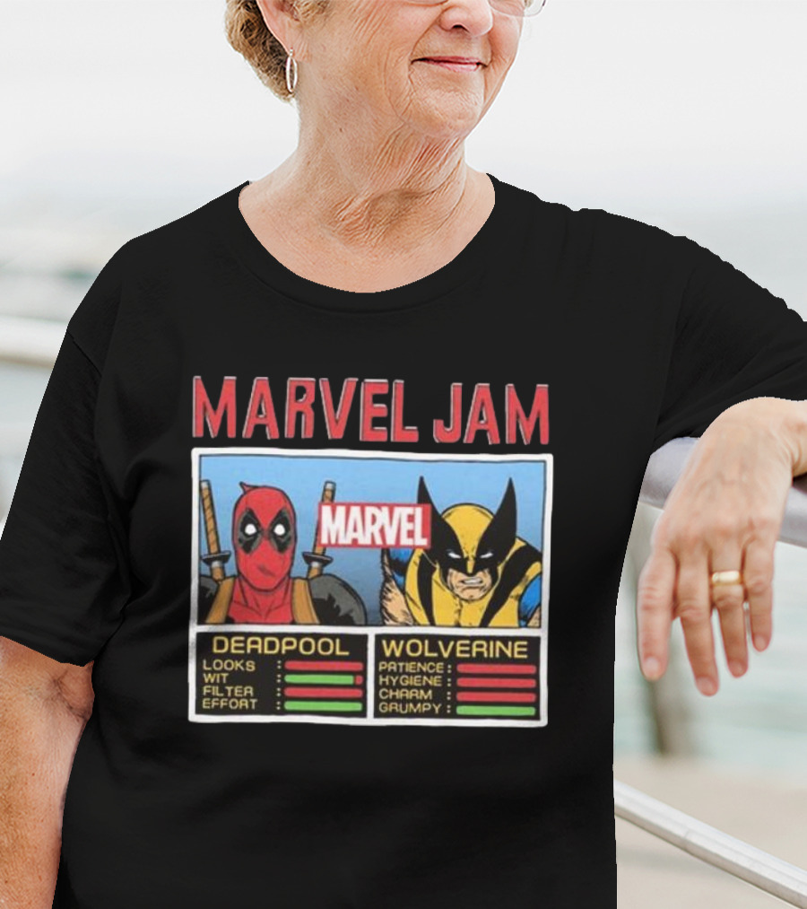 Deadpool Wolverine Marvel Jam Comic Character Stats T-Shirt
