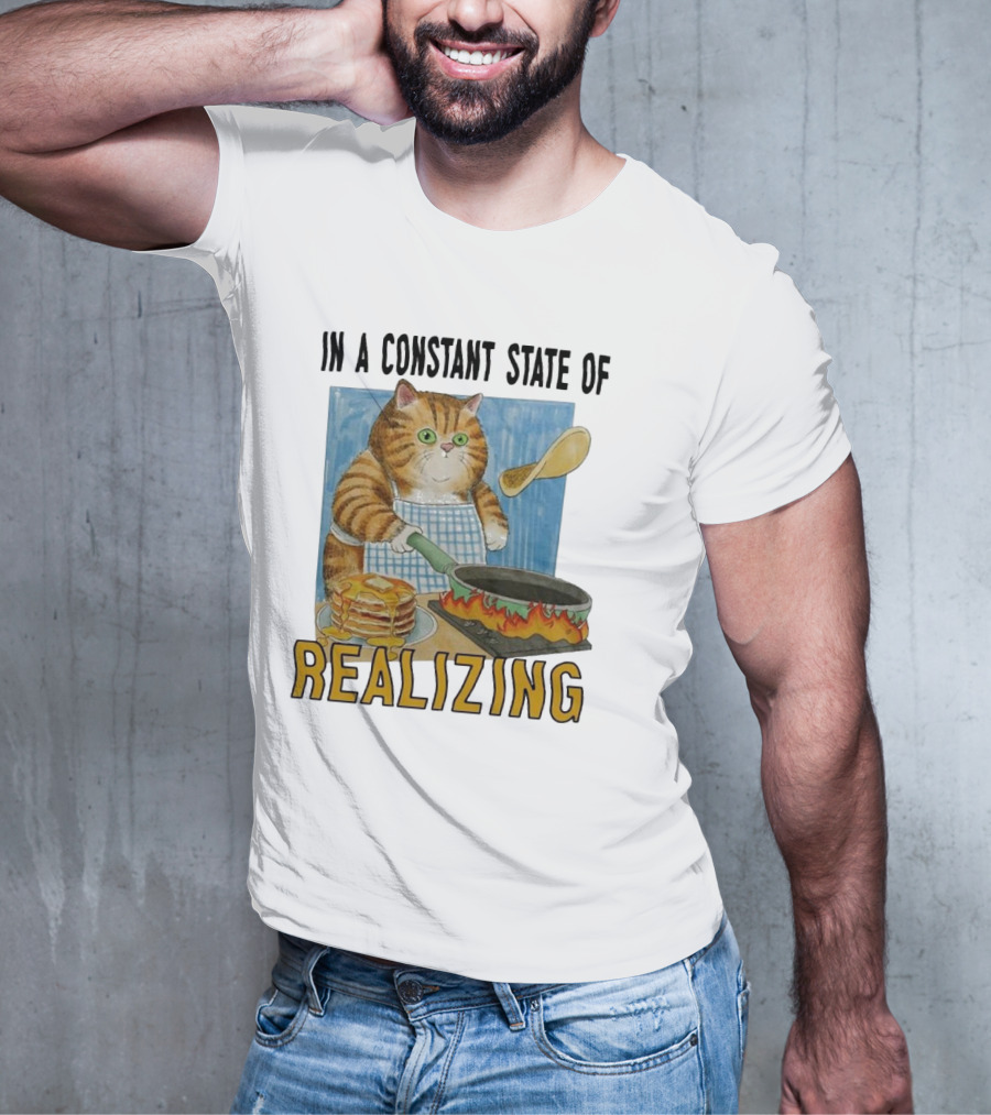 In A Constant State Of Realizing Cat Cooking Pancakes Flame Pan T-Shirt
