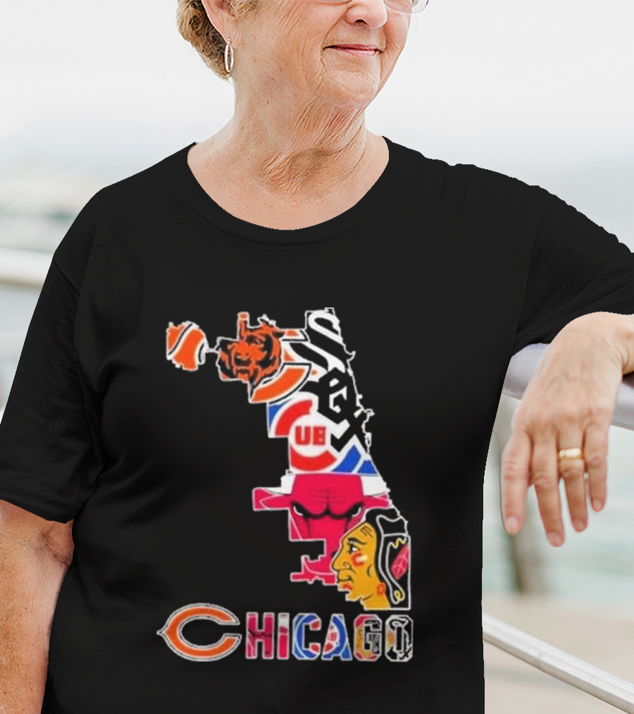 Chicago Bears Bulls Cubs White Sox Blackhawks Map T-Shirt