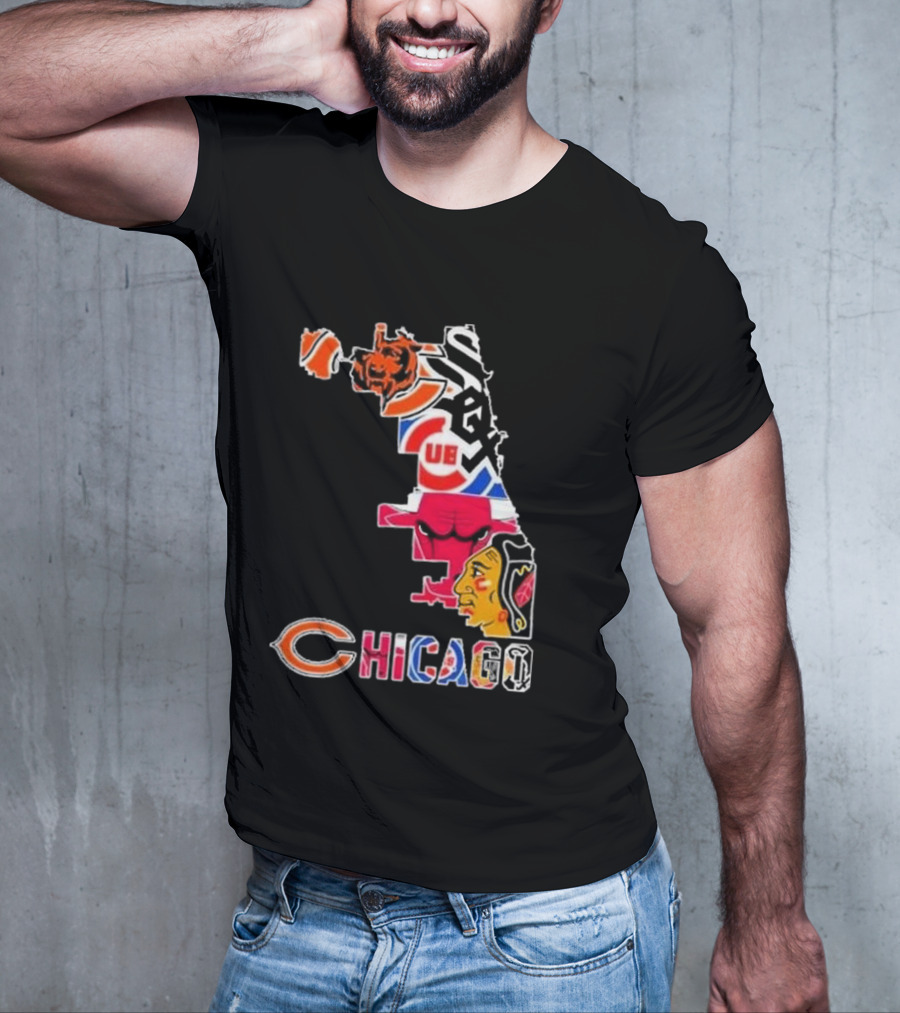 Chicago Bears Bulls Cubs White Sox Blackhawks Map T-Shirt
