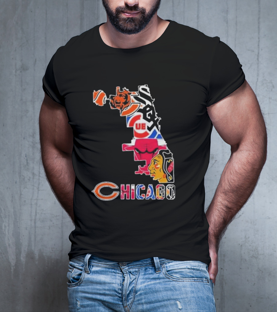 Chicago Bears Bulls Cubs White Sox Blackhawks Map T-Shirt