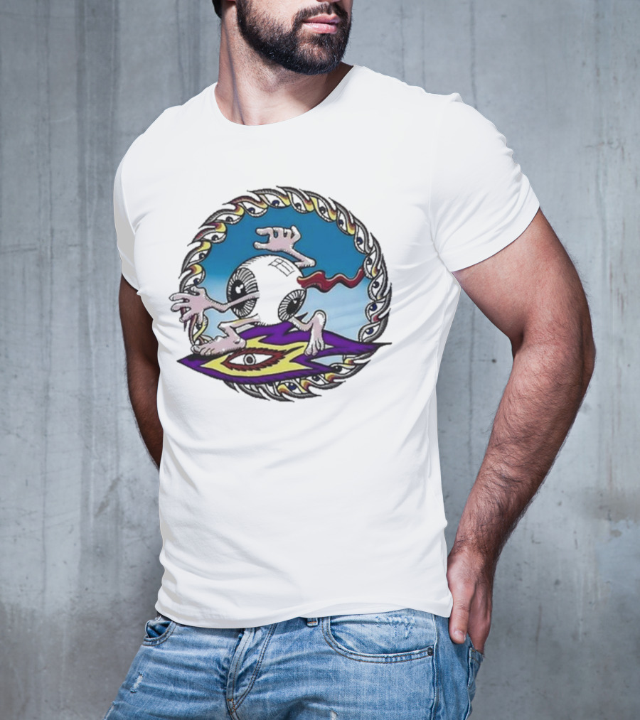 Spiral Eye Surfing Disc With Hands And Vibrant T-Shirt