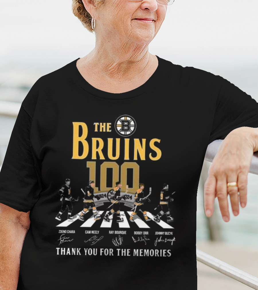 The Bruins 100 1924 Thank You For The Memories Zdeno Chara Cam Neely Ray Bourque Bobby Orr Johnny Bucyk Signatures T-Shirt