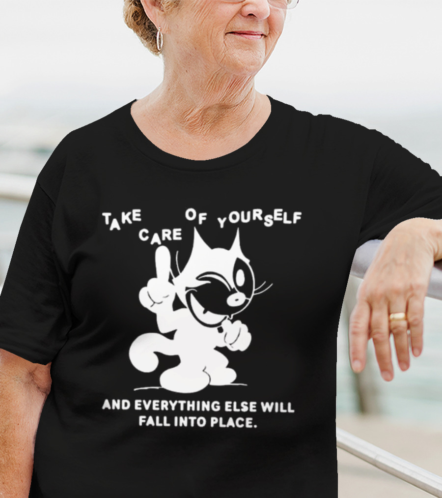 Take Care Of Yourself And Everything Else Will Fall Into Place Happy Winking Cartoon Cat T-Shirt