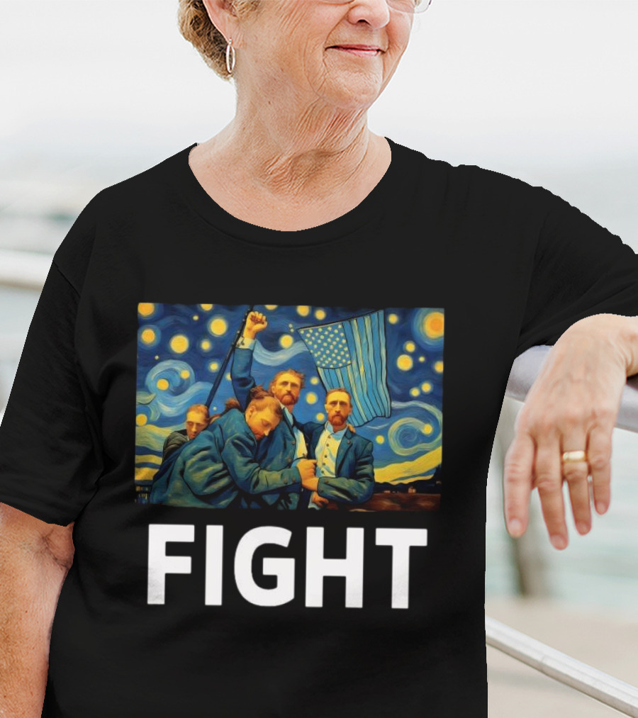 Fight Van Gogh Starry Night American Flag Fist Raised T-Shirt