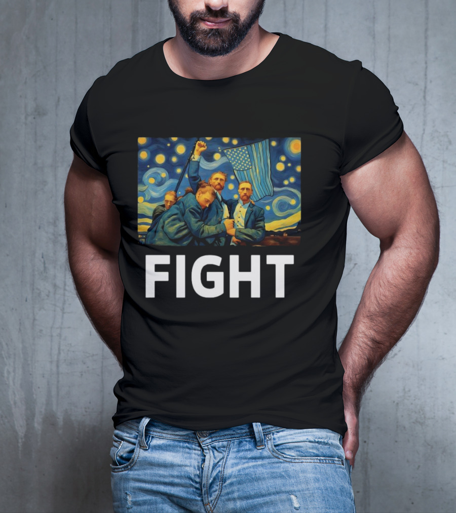 Fight Van Gogh Starry Night American Flag Fist Raised T-Shirt