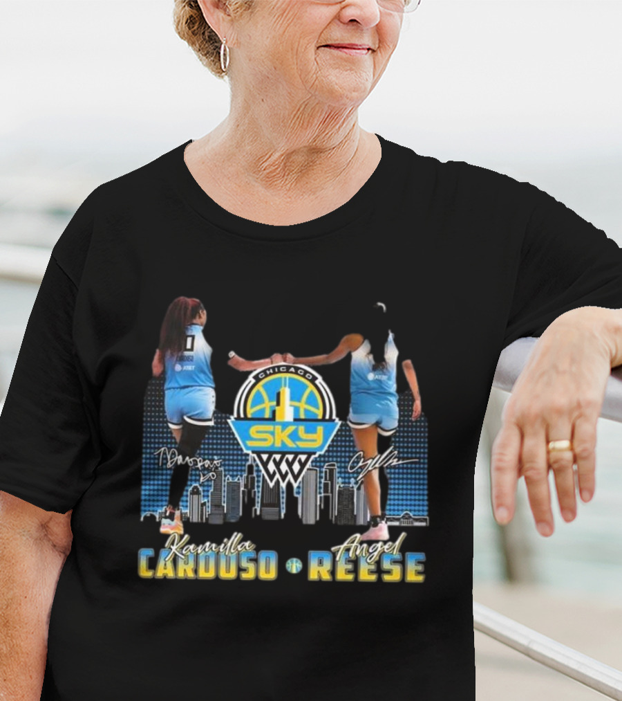 Chicago Sky WNBA Kamilla Cardoso Angel Reese Skyline Signatures T-Shirt