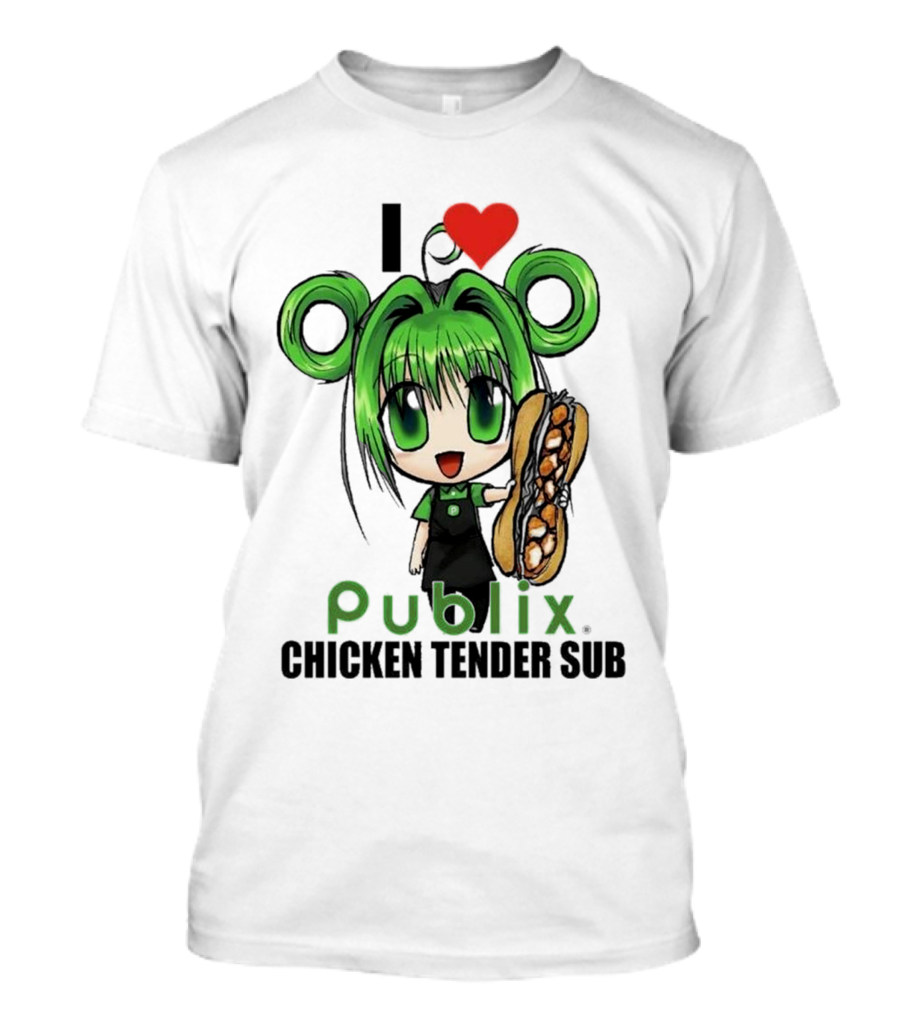 I Love Publix Chicken Tender Sub Anime Character With Green Hair And Big Sandwich T-Shirt