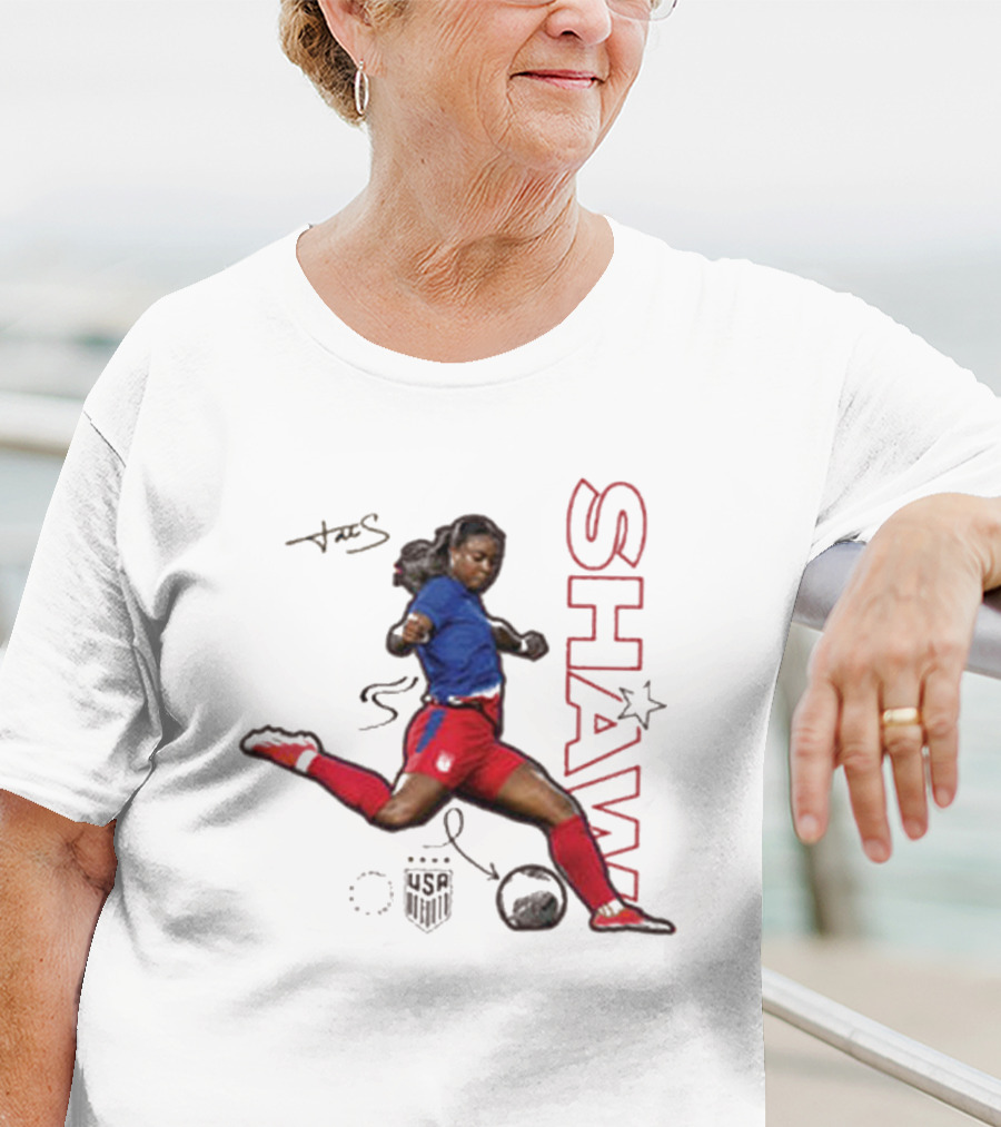 USWNT Jaedyn Shaw Signature Red And Blue Action Pose With Star T-Shirt