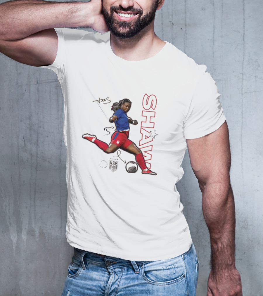 USWNT Jaedyn Shaw Signature Red And Blue Action Pose With Star T-Shirt